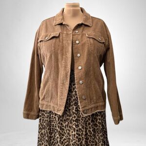 WHITE BIRCH Distressed Cropped Corduroy Brown Raw Hem Oversized Jacket, Size 2X